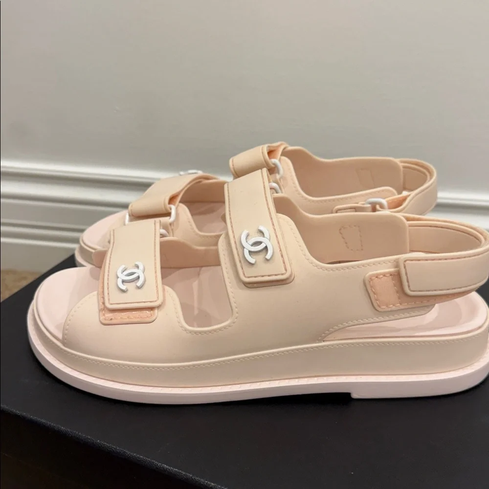Chanel CC Sport Dad Sandals Pastel Pink Rubber Size 37 Worn Once